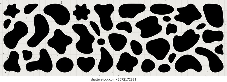 Abstract black shapes on a grid background. Various shapes, abstract forms, and black patterns create a unique design. Abstract shapes, black shapes, grid layout. Black shape vector set.