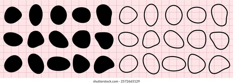 Abstract black shapes on a grid background. The shapes are irregular and vary in size. Abstract design with black shapes, creating a modern, artistic look. Black shape vector set.