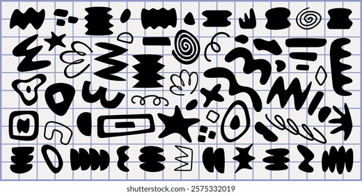 Abstract black shapes on a grid background. Shapes include spirals, zigzags, and stars. Abstract patterns and shapes create a dynamic visual effect. Black and white vector set.