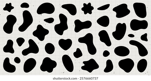 Abstract black shapes on a grid background. Various shapes, abstract and black, create a pattern. Shapes vary in size and form, all black on a grid. Black shape vector set.