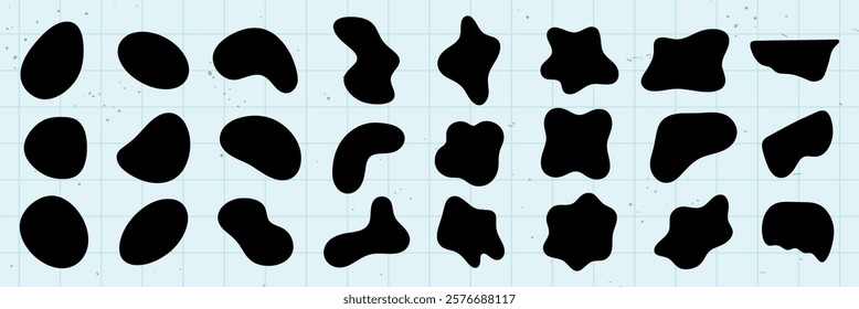 Abstract black shapes on a grid background. Various abstract forms create a unique pattern. Black shapes contrast with the grid. Abstract and creative design. Black shape vector set.