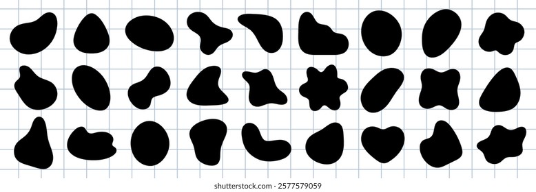 Abstract black shapes on a grid background. Various abstract forms, black shapes, and grid lines create a pattern. Abstract shapes repeat across the grid. Black shape vector set.