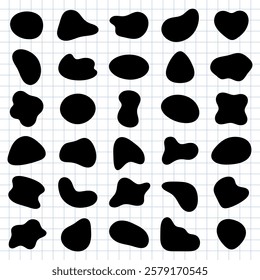 Abstract black shapes on a grid background. Random shapes, abstract forms, black silhouettes. Geometric design with abstract black shapes on grid. Black shape vector set.