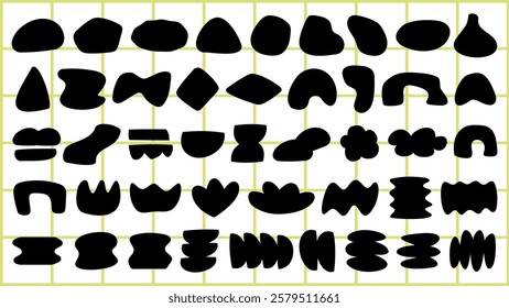 Abstract black shapes on a grid. Unique shapes vary in size and form. create a bold, artistic pattern. Abstract stand out on a white background. Funky shapes vector set.