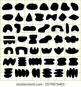 Abstract black shapes on a grid. Various abstract forms, abstract patterns, abstract designs. Bold black shapes on a yellow grid background. Black and white vector set.