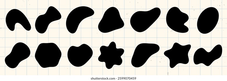 Abstract black shapes on a grid background. Various abstract forms, black shapes, and unique designs. Abstract shapes for creative projects and designs. Black shape vector set.