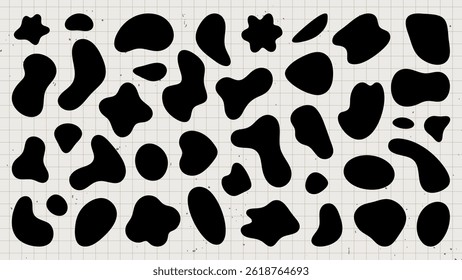 Abstract black shapes on a grid background. Random black shapes create a pattern. Black shapes contrast with the grid. Unique shapes on display. Black shape vector set.