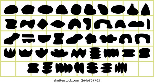 Abstract black shapes on a grid. Various abstract forms in black. Grid layout with abstract black shapes. Unique abstract shapes in a grid pattern. Funky shapes vector set.