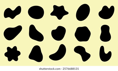 Abstract black shapes on a light yellow background. Organic shapes, abstract forms, and unique silhouettes create a dynamic, artistic pattern. Black shape vector set.