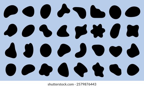 Abstract black shapes on a light blue background. Various shapes include circles, ovals, and irregular forms. Shapes create a modern, abstract pattern. Black shape vector set.