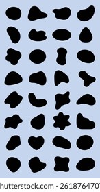 Abstract black shapes on a light blue background. Organic shapes, varied forms, and abstract design. Repeating abstract shapes create a unique pattern. Black shape vector set.