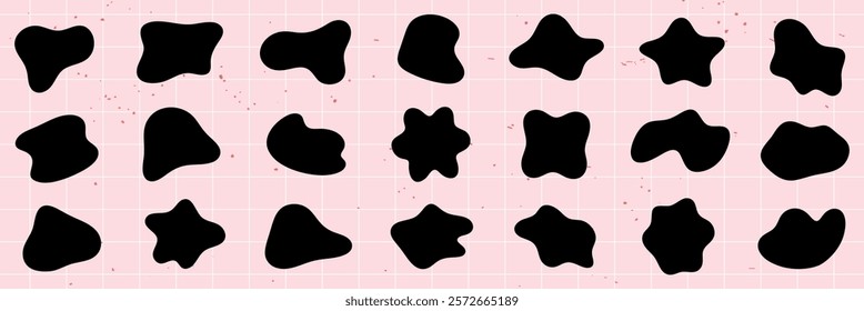 Abstract black shapes on a pink grid background. Organic shapes, varied and unique. Shapes contrast with pink, creating a dynamic visual pattern. Black shape vector set.