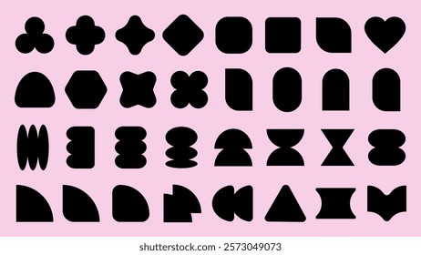 Abstract black shapes on a pink background. Geometric shapes include circles, squares, and triangles. Shapes are bold and varied, creating a striking contrast. Black shapes, vector element set.