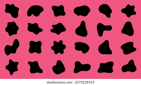 Abstract black shapes on a pink background. Random shapes create a playful pattern. Bold black shapes contrast with the vibrant pink. Unique shapes on pink. Black shape vector set.