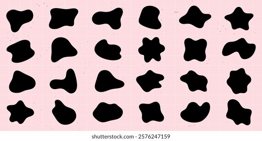 Abstract black shapes on a pink grid background. Various shapes, abstract and black, arranged in rows. Pink grid enhances the abstract shapes' contrast. Black shape vector set.