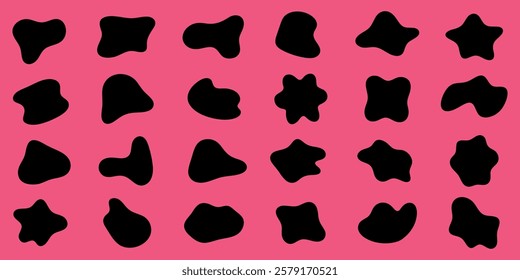 Abstract black shapes on a pink background. Various shapes, abstract and irregular, create a pattern. Pink and black contrast with abstract design. Black shape vector set.