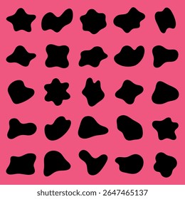 Abstract black shapes on a pink background. Various black shapes, random and organic, contrast with the pink background. Artistic black shapes on pink. Black shape vector set.