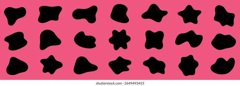 Abstract black shapes on a pink background. Organic shapes, irregular and varied. Pink and black contrast with unique abstract forms. Black shape vector set.