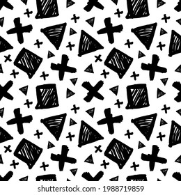 Abstract black shapes on white background hand-drawn seamless pattern vector illustration