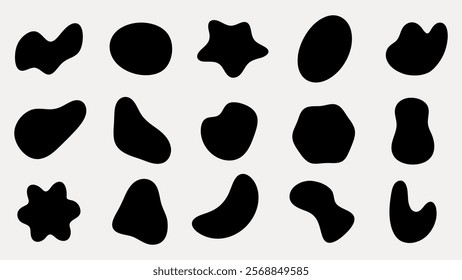 Abstract black shapes on a white background. Organic, irregular forms. Simple, bold shapes. Minimalist design with abstract shapes. Black and white contrast. Black shape vector set.