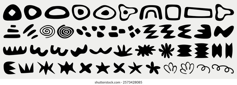 Abstract black shapes on white background. Geometric patterns, abstract designs, and bold shapes create a striking abstract visual. Abstract art elements. Black and white vector set.