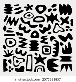 Abstract black shapes on a white background. Various geometric and organic forms. Bold, black, abstract designs. Unique abstract shapes and patterns. Black and white vector set.