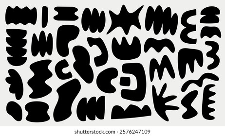 Abstract black shapes on a white background. Various abstract forms, patterns, and abstract designs create a dynamic composition. Black and white vector set.