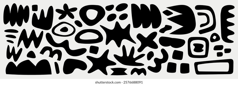 Abstract black shapes on a white background. Various abstract forms, patterns, and designs create a dynamic abstract composition. Black and white vector set.