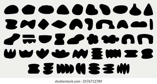 Abstract black shapes on a white background. Various abstract forms, patterns, and designs create a unique  composition. Black and white vector set.