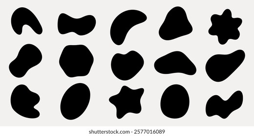 Abstract black shapes on a white background. Organic forms vary in size and contour. Abstract shapes create a dynamic, artistic pattern. Black shapes, abstract design. Black shape vector set.