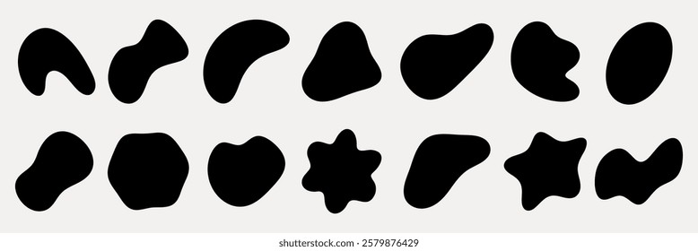 Abstract black shapes on a white background. Various abstract forms, each unique. Black shapes, abstract and artistic, creating a modern, minimalist design. Black shape vector set.