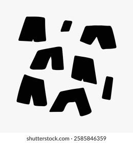 Abstract black shapes on a white background. Geometric forms scattered randomly. Bold black shapes create a striking contrast. Modern abstract design. Doodle illustration vector.