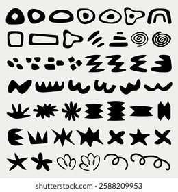 Abstract black shapes on a white background. Various abstract shapes include circles, spirals, and zigzags. Artistic abstract shapes for creative designs. Black and white vector set.