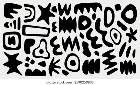 Abstract black shapes on a white background. Geometric and organic forms. Bold, modern design. Abstract patterns and shapes create a striking visual. Black and white vector set.