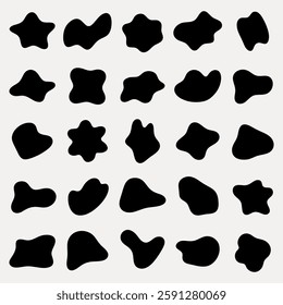 Abstract black shapes on a white background, featuring various irregular, organic forms. These abstract shapes create a modern, minimalist pattern. Black shape vector set.