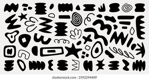 Abstract black shapes on white background. Various abstract forms, lines, and abstract patterns create a dynamic design. Black and white vector set.