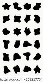 Abstract black shapes on a white background, featuring irregular, organic forms. These abstract shapes create a dynamic, artistic pattern with organic curves. Black shape vector set.