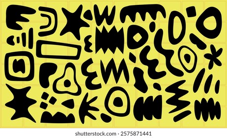 Abstract black shapes on a yellow background. Shapes include stars, zigzags, and swirls. Bold black shapes contrast with the bright yellow background. Funky shapes vector set.