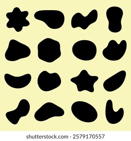 Abstract black shapes on a yellow background. Various organic shapes create a playful pattern. Shapes include stars and blobs, forming a unique abstract design. Black shape vector set.