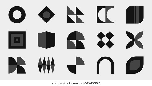 Abstract black shapes, retro decorative sticker set and banner, different decorative geometric forms, patterns and symbols. Vector illustration.