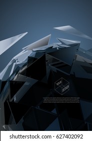 Abstract black shatter triangle geometric sphere with space on dark blue background