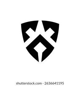 Abstract black shield logo design graphic.