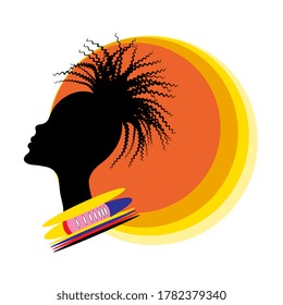 Abstract black silhouette of african woman with colorful national decoration on a background of the sun. Vector illustration.