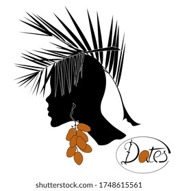 Abstract black silhouette of a female head with palm leaves hairstyle and date fruit earrings.Vector illustration.