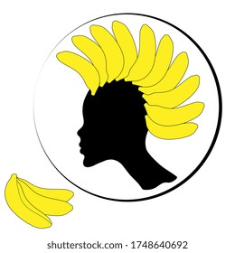 Abstract black silhouette of a female head with a banana fruit hairstyle. Vector illustration.

