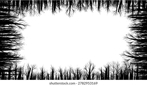 Abstract black silhouette frame of spooky dead trees and branches, creating a dark, mysterious border around a white space.