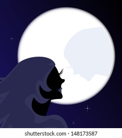 abstract black silhouette of girl and large moon with her shadow