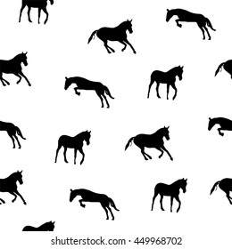 Abstract black silhouette of horses. Horses running. Seamless texture with animals on the white background. Outline style