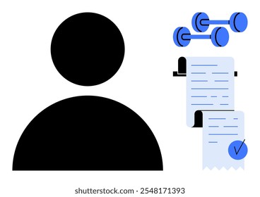 Abstractas silueta negra de una persona con dos mancuernas azules y una lista de verificación en un Portapapeles. Ideal para la planificación del estado físico Objetivos de salud Organización personal Horarios de entrenamiento y seguimiento de la aptitud