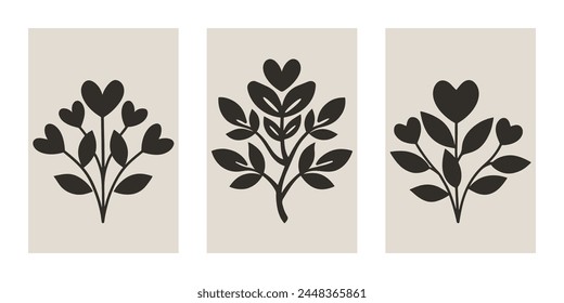 Abstract black silhouette plant and leaves in shape of heart. Wall art matisse style. Vector illustration.